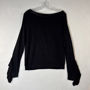 Ellen Tracy Black Thin Knit Sweater  Boat Neck Fringe Detail Sleeve Sz Small